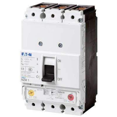 Ein weißer Leistungsschalter von Eaton, Modell 'NZM 1', zeigt die Positionen 'ON' und 'OFF' für Spannung 690V AC, 500V DC.