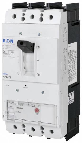 Ein weißer Leistungsschalter mit Kippschalter für Ein/Aus. Beschriftet mit 'Eaton' und Modell 'NZM 3'. 250 Ampere, industrielle Anwendung.