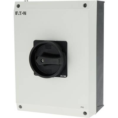 Ein grauer Schaltschrank mit einer schwarzen Drehgriff-Betätigung von Eaton, geeignet für eine sichere elektrische Schaltung.