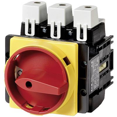 Drehschalter, dreifach, mit rotem Griff auf gelbem Hintergrund, zum Ein- und Ausschalten von elektrischen Geräten.
