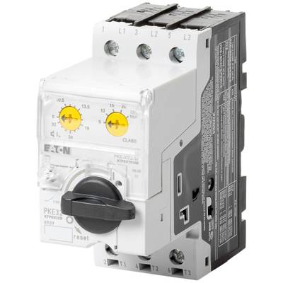 Ein Motor-Schutzschalter mit Drehschalter und zwei gelben Anzeigen auf der Vorderseite sowie technischen Spezifikationen an der Seite.