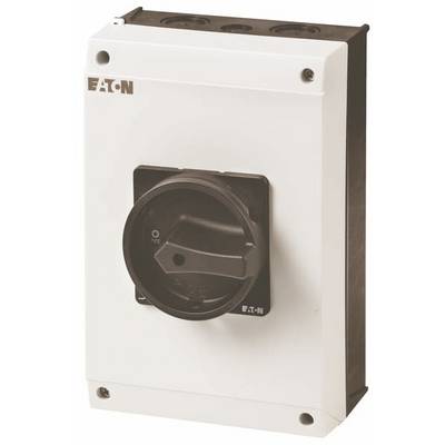 Ein rechteckiger elektrischer Schalter in einem weißen Gehäuse mit schwarzem Drehgriff, markiert mit 'Eaton'.
