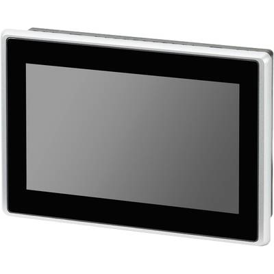 Ein schwarzer, rechteckiger Touchscreen-Monitor mit silbernem Rahmen. Der Bildschirm zeigt einen neutralen Displayhintergrund.