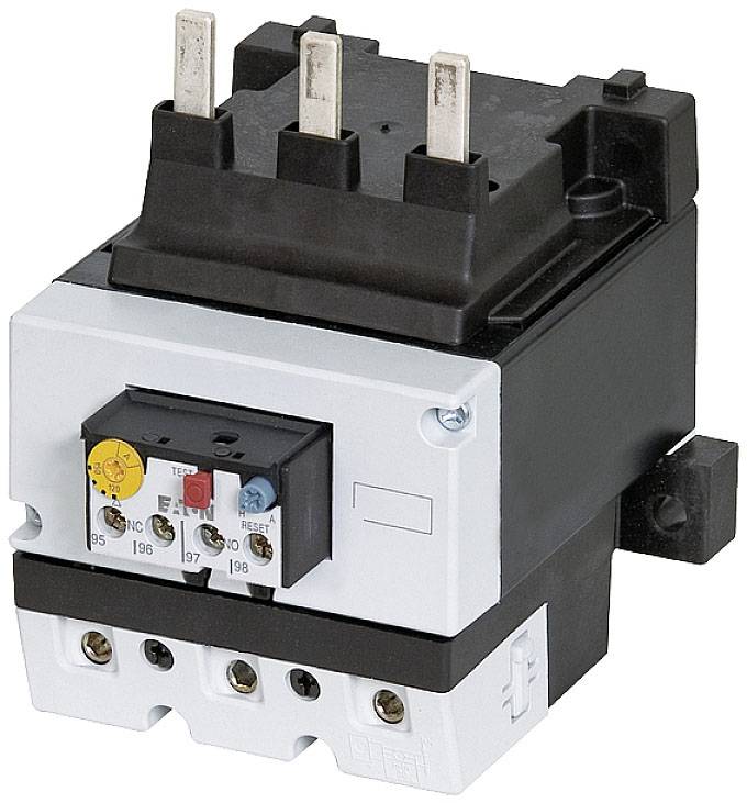 Elektrischer Schütz mit schwarz-weißem Gehäuse, sichtbaren Klemmen oben und farbigen Schaltern vorne, zur Steuerung von Stromkreisen.