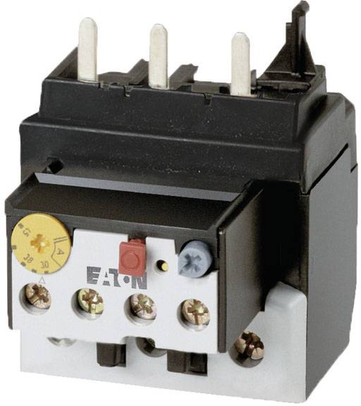 'Elektrisches Überlastrelais von Eaton mit Drehknopf zur Einstellung und Testinitiator. Drei Anschlusskontakte oben.'