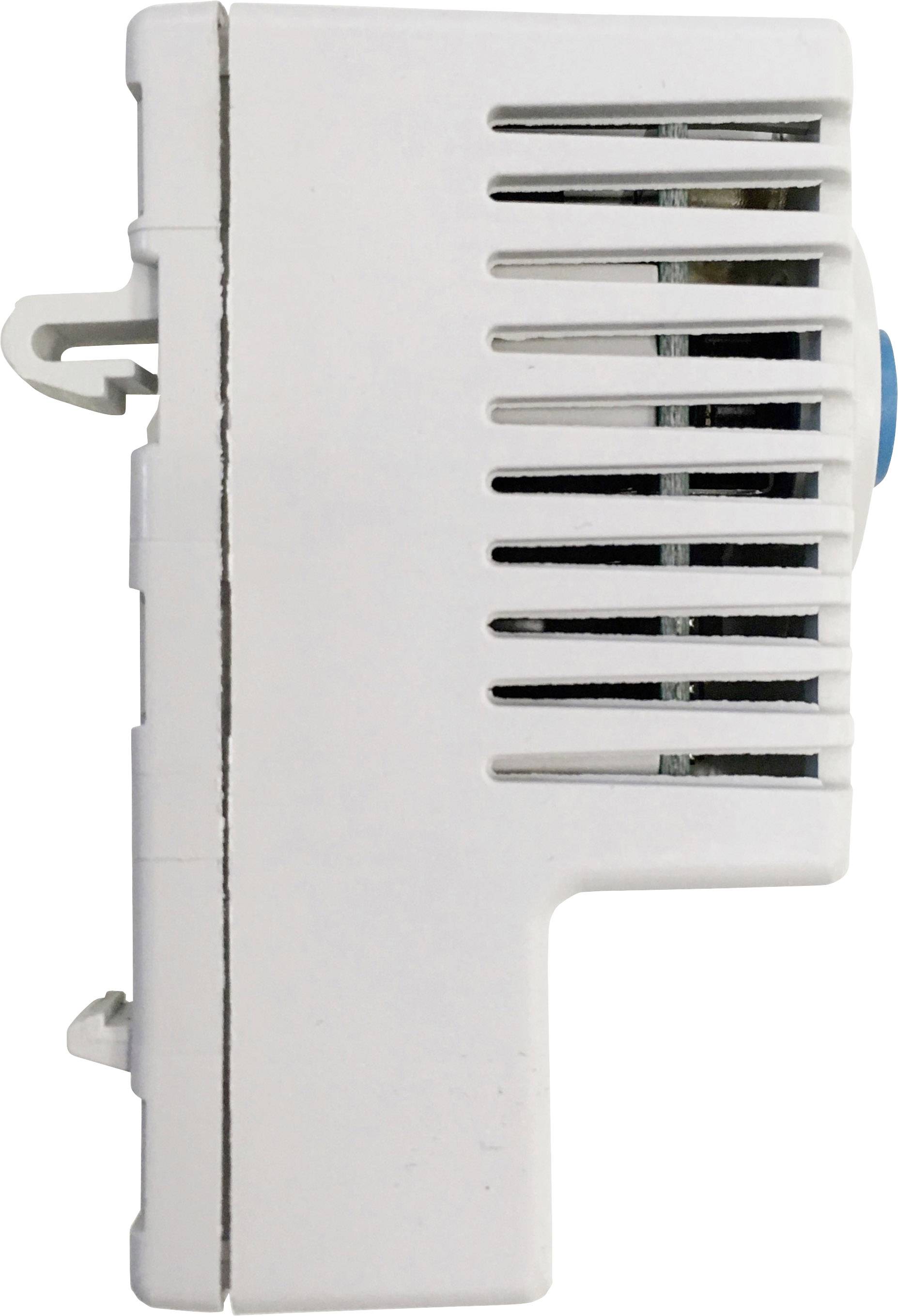 Ein weißes elektrisches Gerät mit Lüftungsschlitzen, seitlich abgebildet, vermutlich ein Thermostat oder ein ähnliches Steuergerät.