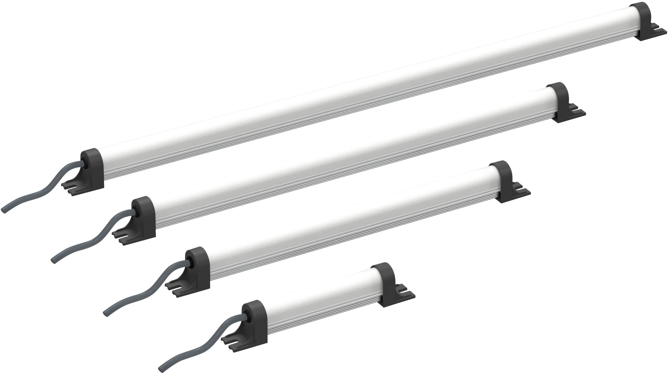 Vier unterschiedlich lange LED-Leuchten in einer Reihe angeordnet, jeweils mit einem Kabel an jedem Ende.