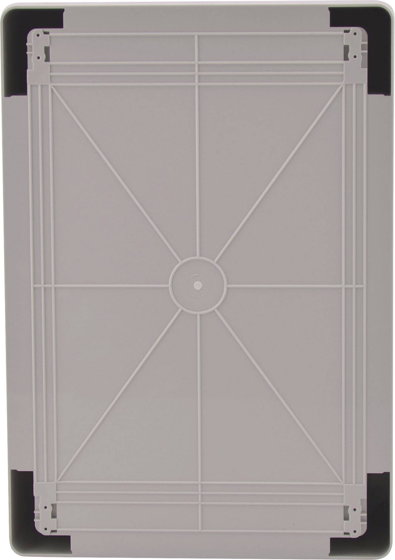 Graue rechteckige Kunststoffplatte mit erhabenen Kanten und kreuzförmigem Muster in der Mitte.