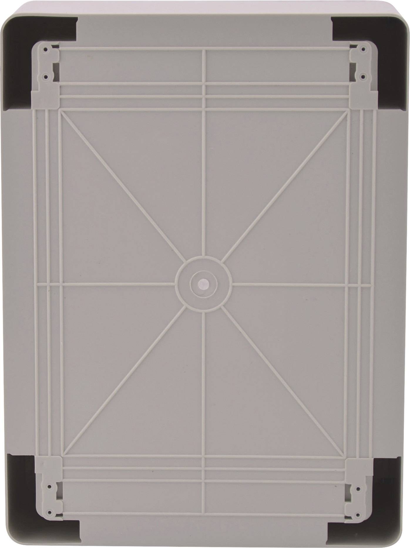 Ein grauer Kunststoffdeckel mit strukturiertem Design und verstärkten Ecken. Rechteckige Form, ohne sichtbare Beschriftung oder Dekoration.