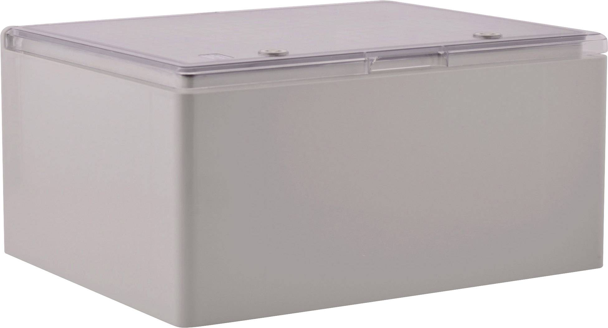 Graue Kunststoffbox mit transparentem Deckel.