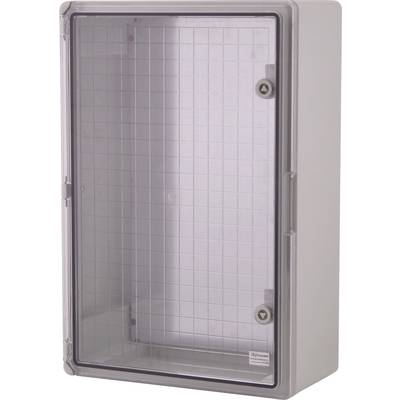 Ein rechteckiger, transparenter Sicherungskasten mit geschlossenem Deckel. Es hat ein graues Gehäuse und zwei Schraubverschlüsse.