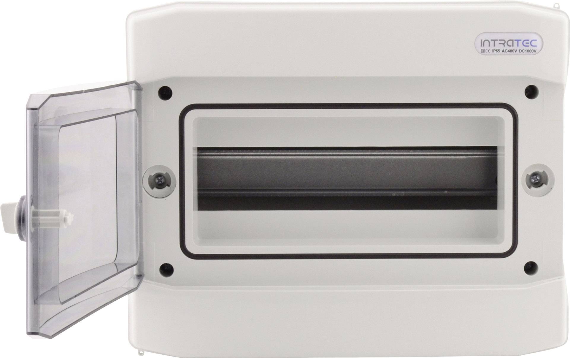 Ein weißes, rechteckiges Kunststoffgehäuse mit einem transparenten, aufklappbaren Deckel. Es dient als Schutzbox für elektronische Komponenten.