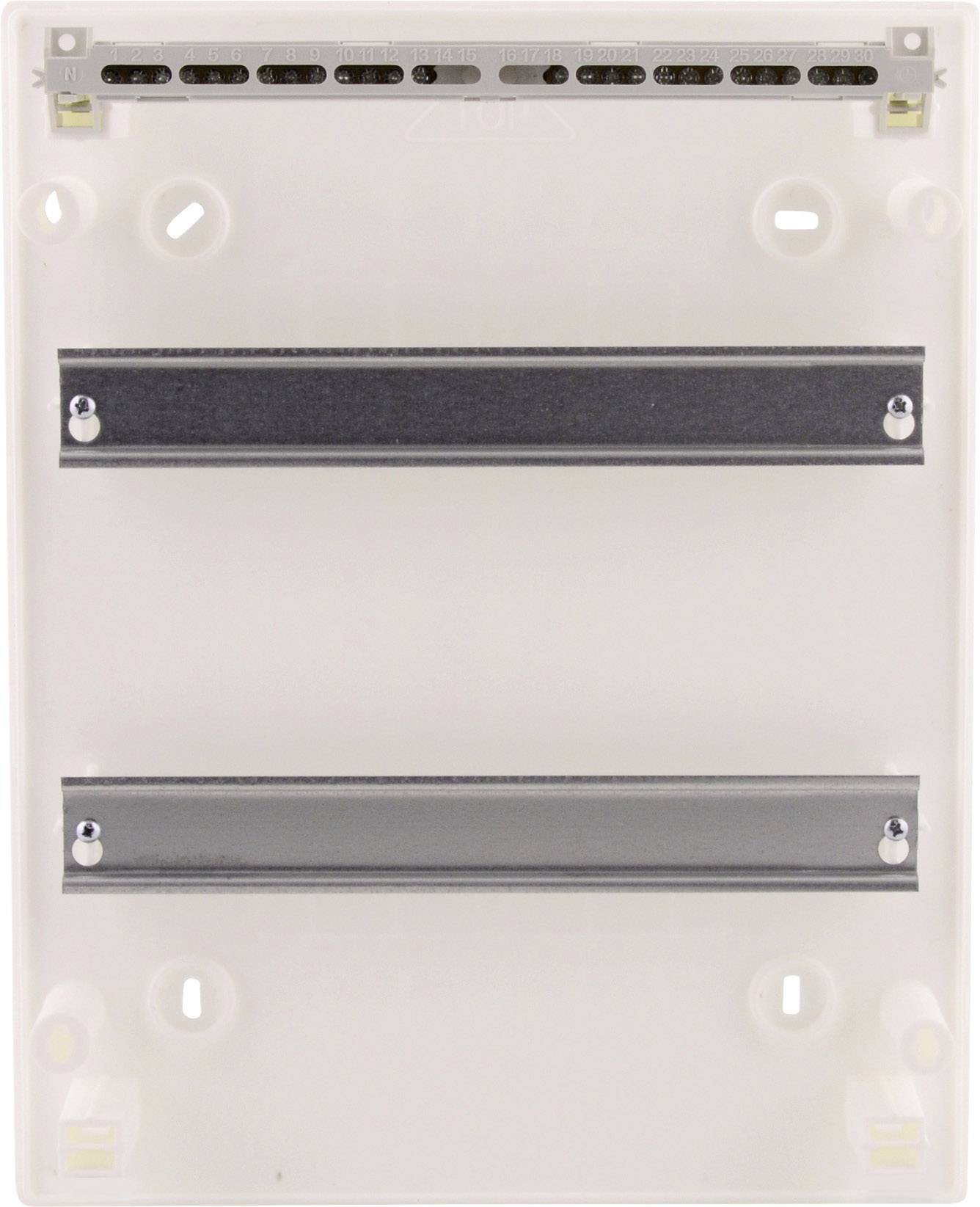 Ein leerer, weißer Sicherungskasten mit zwei horizontalen Metallschienen zur Installation von elektrischen Geräten.