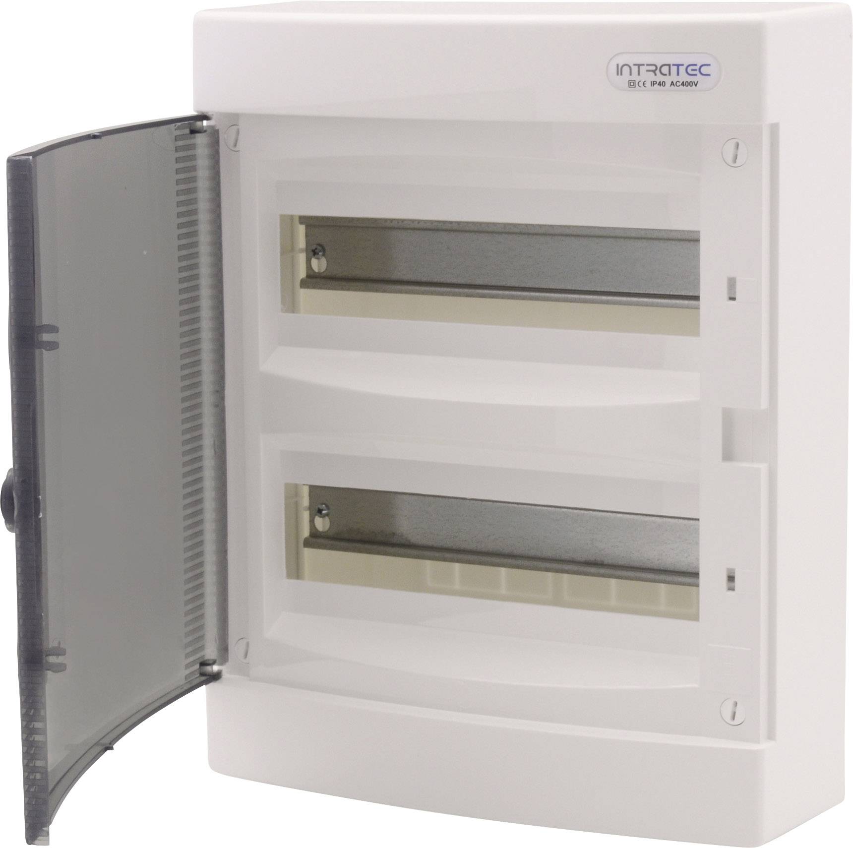 Weißer Sicherungskasten mit geöffnetem transparentem Deckel, zwei Reihen für Sicherungen. Markenlogo oben rechts.