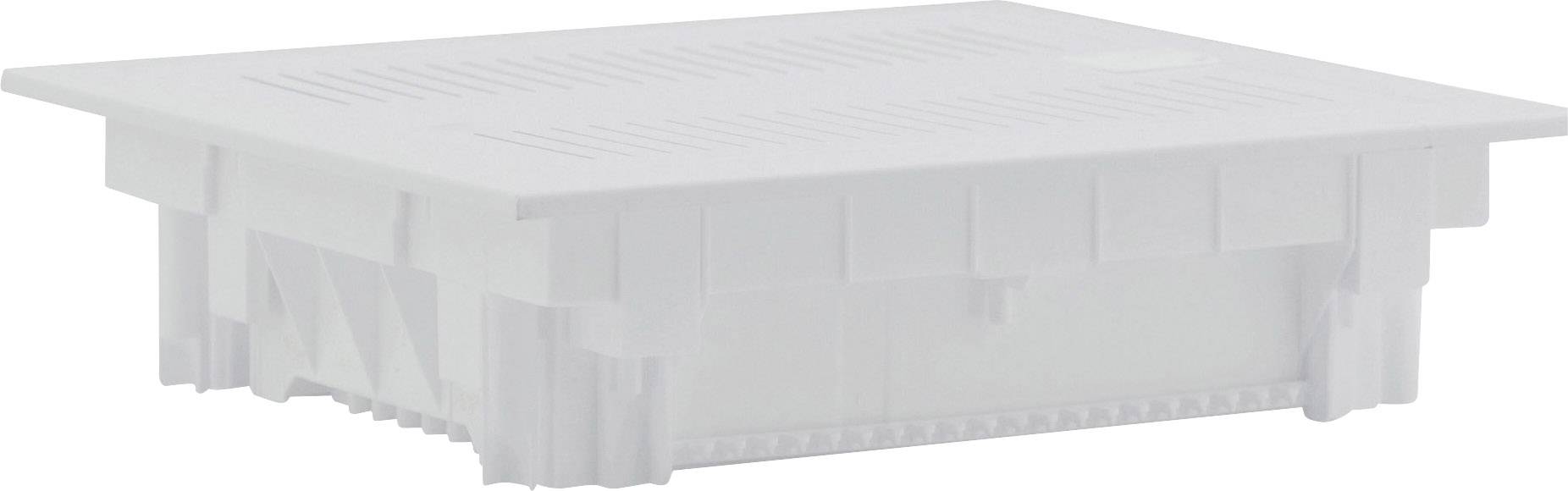 Ein rechteckiger, weißer Kunststoff-Einlass für Lüftung oder Verkabelung, mit schmalen Lüftungsschlitzen auf der oberen Fläche.