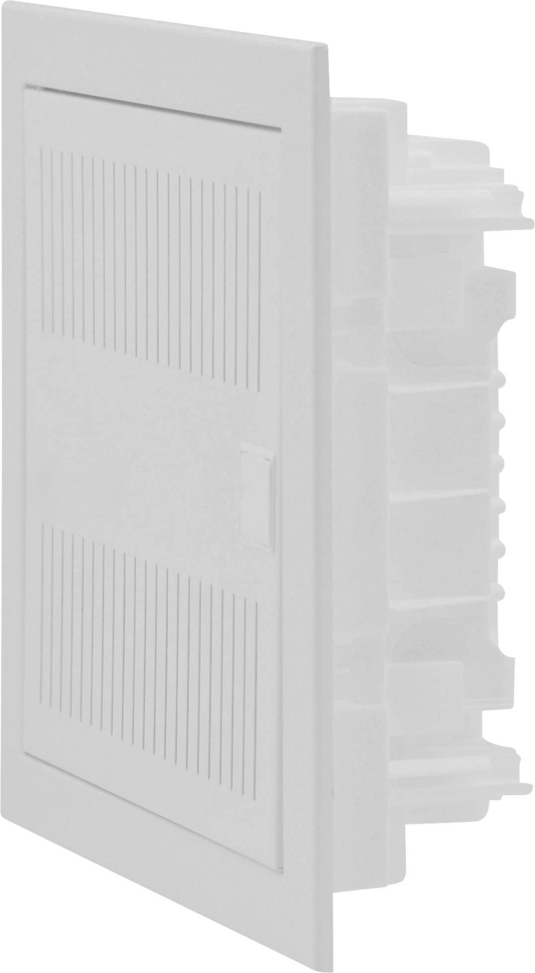 Weiße Lüftungsabdeckung, rechteckig, mit vertikalen Schlitzen und seitlich offenen Segmenten. Geeignet zur Wandmontage.