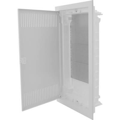 Ein geöffneter, weißer Schaltschrank mit perforierter Rückwand, geeignet für die Installation von elektrischen Komponenten.