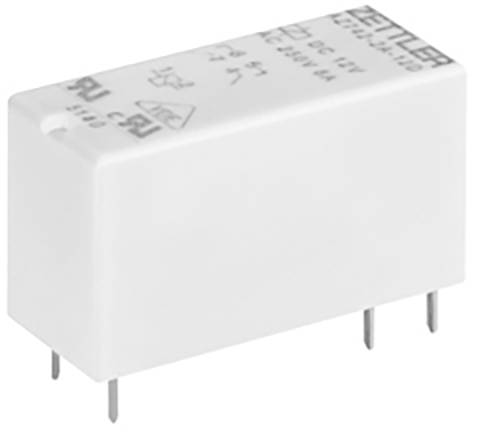Ein weißes, rechteckiges Elektronikbauteil mit vier Metall-Pins. Text und Symbole sind auf der Oberfläche aufgedruckt.