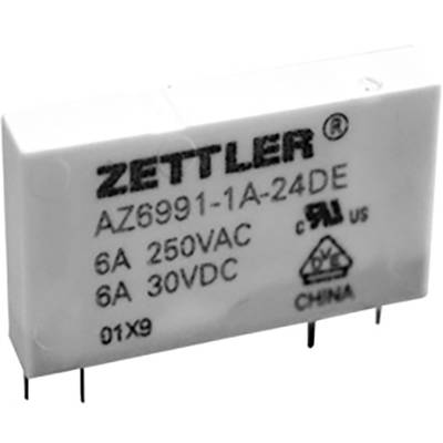 Ein rechteckiges elektrisches Relais mit Aufschrift 'Zettler' und Spezifikationen: 6A 250VAC, 6A 30VDC, sowie Prüfzeichen.