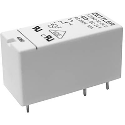 Weißes elektrisches Relais mit mehreren Metallpins an der Unterseite, kennzeichnet mit Herstellerinformationen und Sicherheitszeichen.