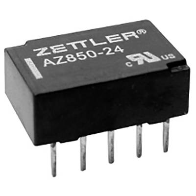 Ein schwarzes elektronisches Relais mit der Aufschrift 'Zettler AZ850-24', sechs Metallbeinchen auf der Unterseite.