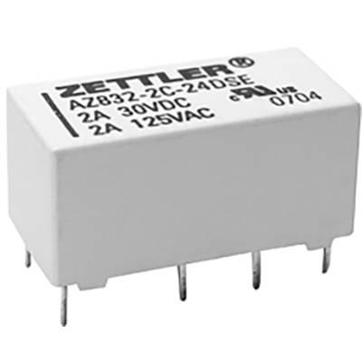 Ein Rechteck-Relais mit der Aufschrift 'Zettler AZ832-2C-24DSE', spezifiziert für 2A 30VDC und 2A 125VAC, zeigt seitliche Metallfüße.