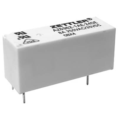 Ein rechteckiges Relais mit der Aufschrift 'Zettler AZ8802-1AE-24D' für 8A, 250VAC/30VDC. Es hat vier Anschlussstifte.