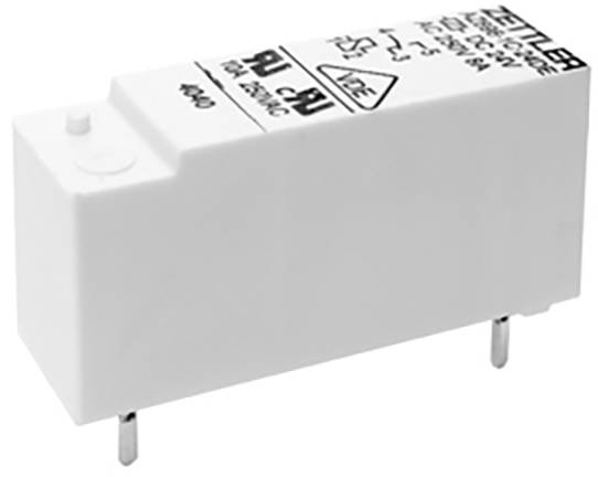 Ein weißes elektrisches Relais mit Metallschaltern und schwarzem Text mit technischen Spezifikationen an der Oberseite.