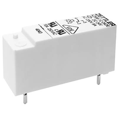 Ein weißes elektrisches Relais mit Metallschaltern und schwarzem Text mit technischen Spezifikationen an der Oberseite.