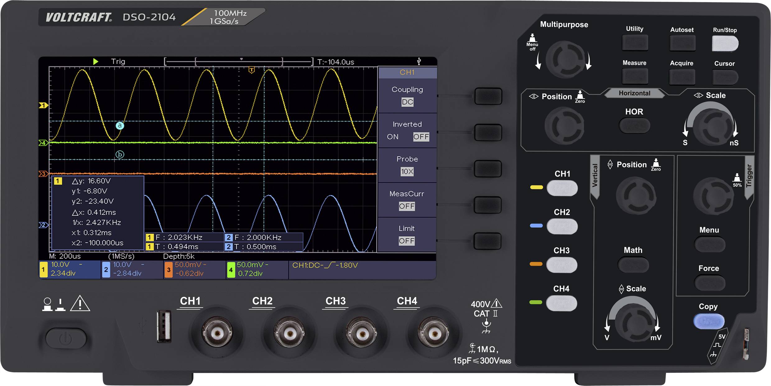 CONRAD VOLTCRAFT DSO-2104 Digital-Oszilloskop 100 MHz 4-Kanal 1 GSa/s 80 kpts 8 Bit Digital-Speicher