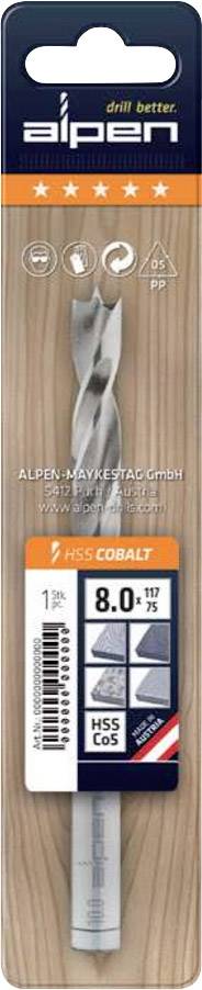Bohrer mit Kobaltlegierung von 'Alpen'. Geeignet für Metallbearbeitung, Größe 8,0 mm. Verpackung zeigt Anwendungssymbole und Bewertung.