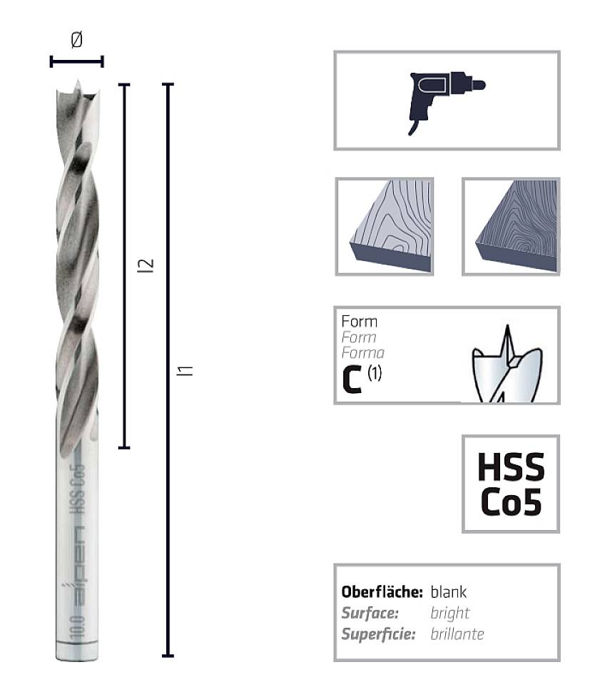 'Bohrer-Diagramm mit technischen Details: Durchmesser, Länge, Form C, Material HSS Co5, Oberfläche blank, glänzend.'