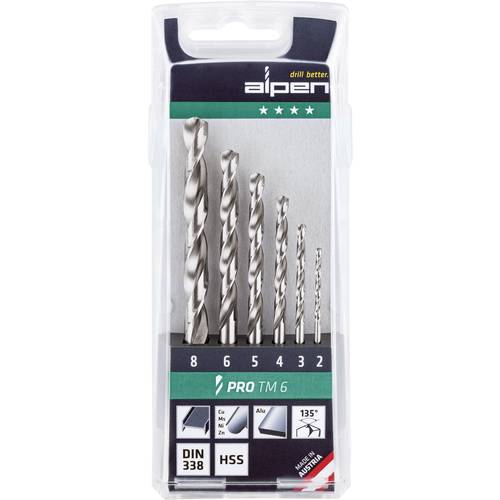 Alpen 0000111806100 HSS Metall-Spiralbohrer-Set 6teilig 2 mm, 3 mm, 4 mm, 5 mm, 6 mm, 8 mm Zylinderschaft 1 St.