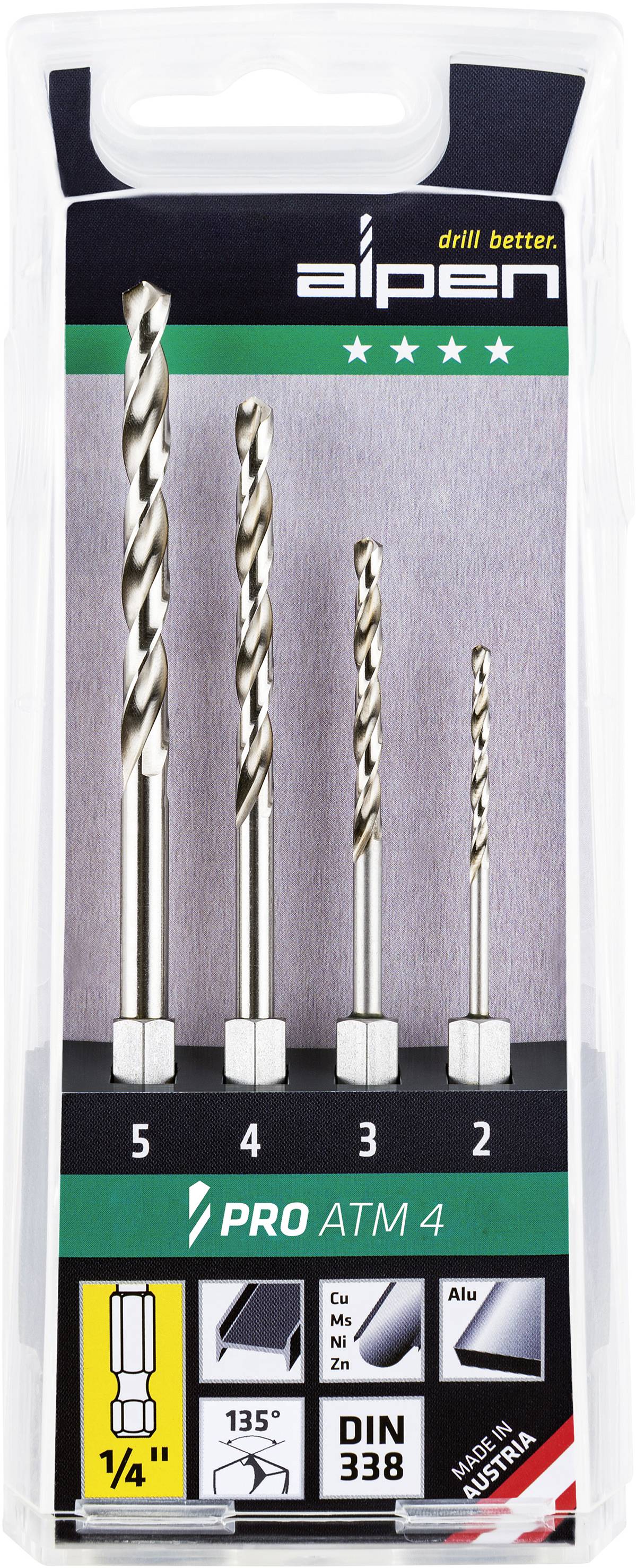 ALPEN 0000110804100 HSS Metall-Spiralbohrer-Set 4teilig 1/4\" (6.3 mm) Außenvierkant 1 St.