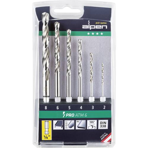 Alpen 0000100806100 HSS Metall-Spiralbohrer-Set 4teilig 2 mm, 3 mm, 4 mm, 5 mm, 6 mm, 8 mm 1/4 (6.3 mm) Außenvierkant 1 ...