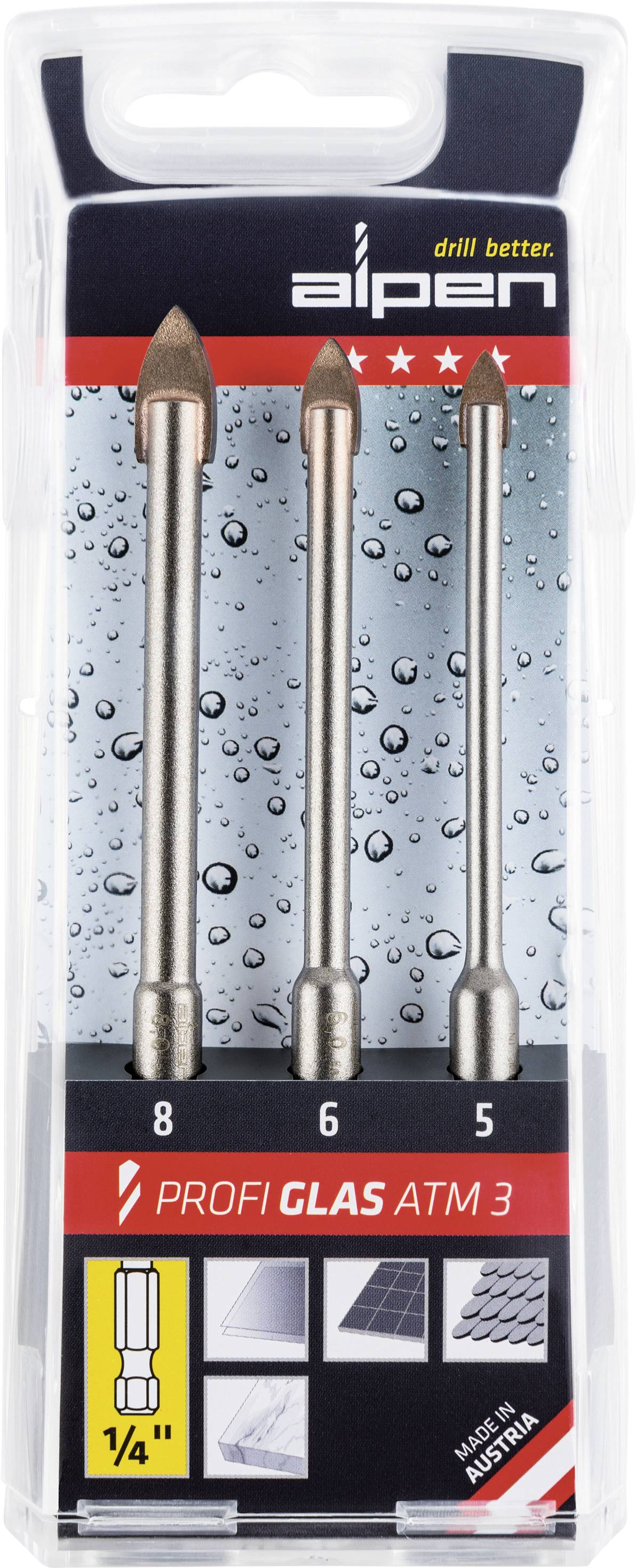 'Drei Glasbohrer in einer Verpackung, Beschriftungen: Größen 8, 6, 5 mm, geeignet für Glas und Fliesen. Made in Austria.'