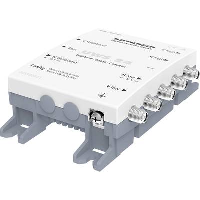 Ein weißer LNB-Konverter mit vier Anschlüssen, für Satellitenempfang. Beschriftet mit 'Wideband', 'Quattro', 'Converter'.