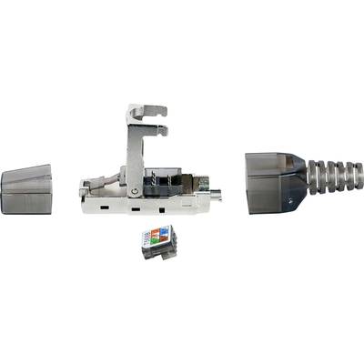 Zerlegtes RJ45-Steckverbinderset mit modulierter Anschlussklemme, Metallgehäuse und Kunststoffteilen; zeigt die Struktur und Anwendungsweise.