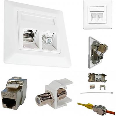 Netzwerkanschluss-Set mit verschiedenen Komponenten, einschließlich RJ45- und Koaxialbuchsen, Wandplatte und Montagematerialien.