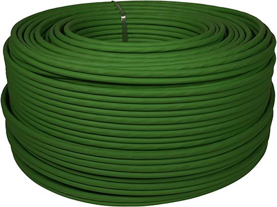 Grüne Kabelrolle in Kreisform, geeignet für elektrische Installationen oder Verlängerungen.