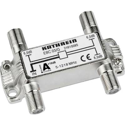 Ein silberner Verteiler, markiert mit 'KATHREIN EBC 03/G', hat vier Koaxialanschlüsse. Frequenzbereich 5-1218 MHz.