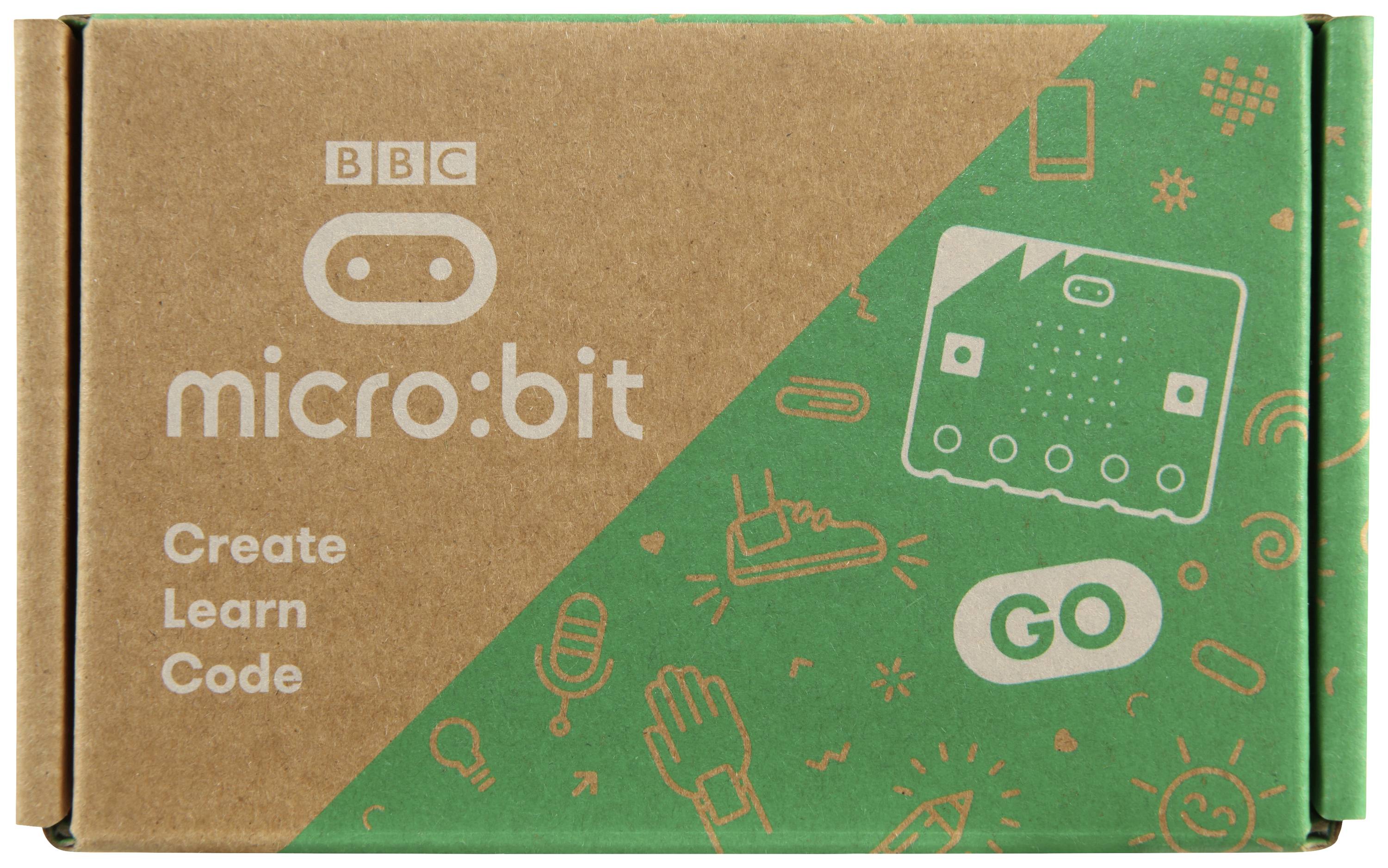 'BBC micro:bit' Verpackung, teilweise grün, mit Symbolen von Mikrofon, Computer und Musiknoten. Text: 'Create Learn Code'.