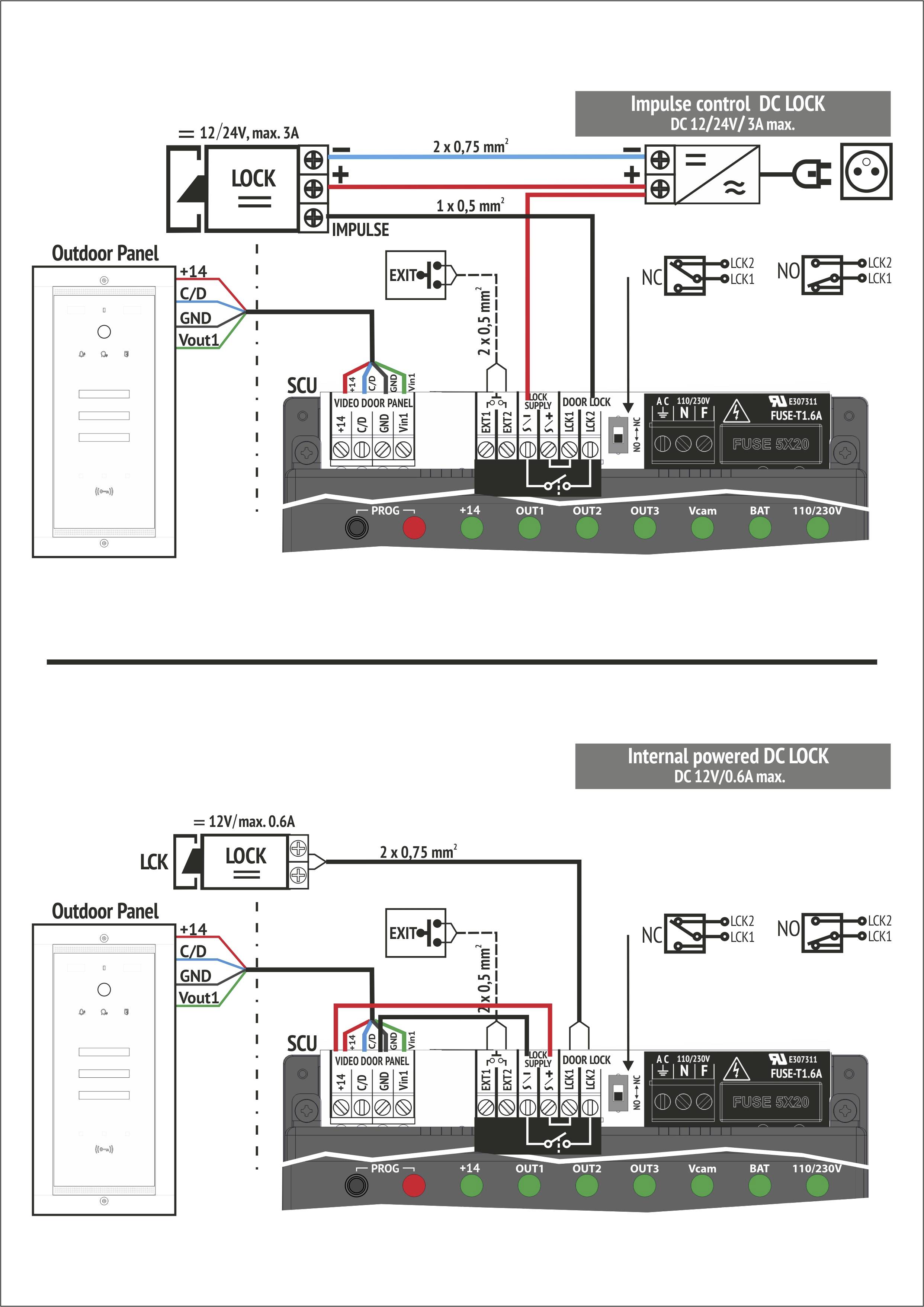 Schaltplan zur Installation eines DC-Türschlosses: Oben mit externer Stromversorgung, unten mit interner Versorgung. Komponenten beschriftet.