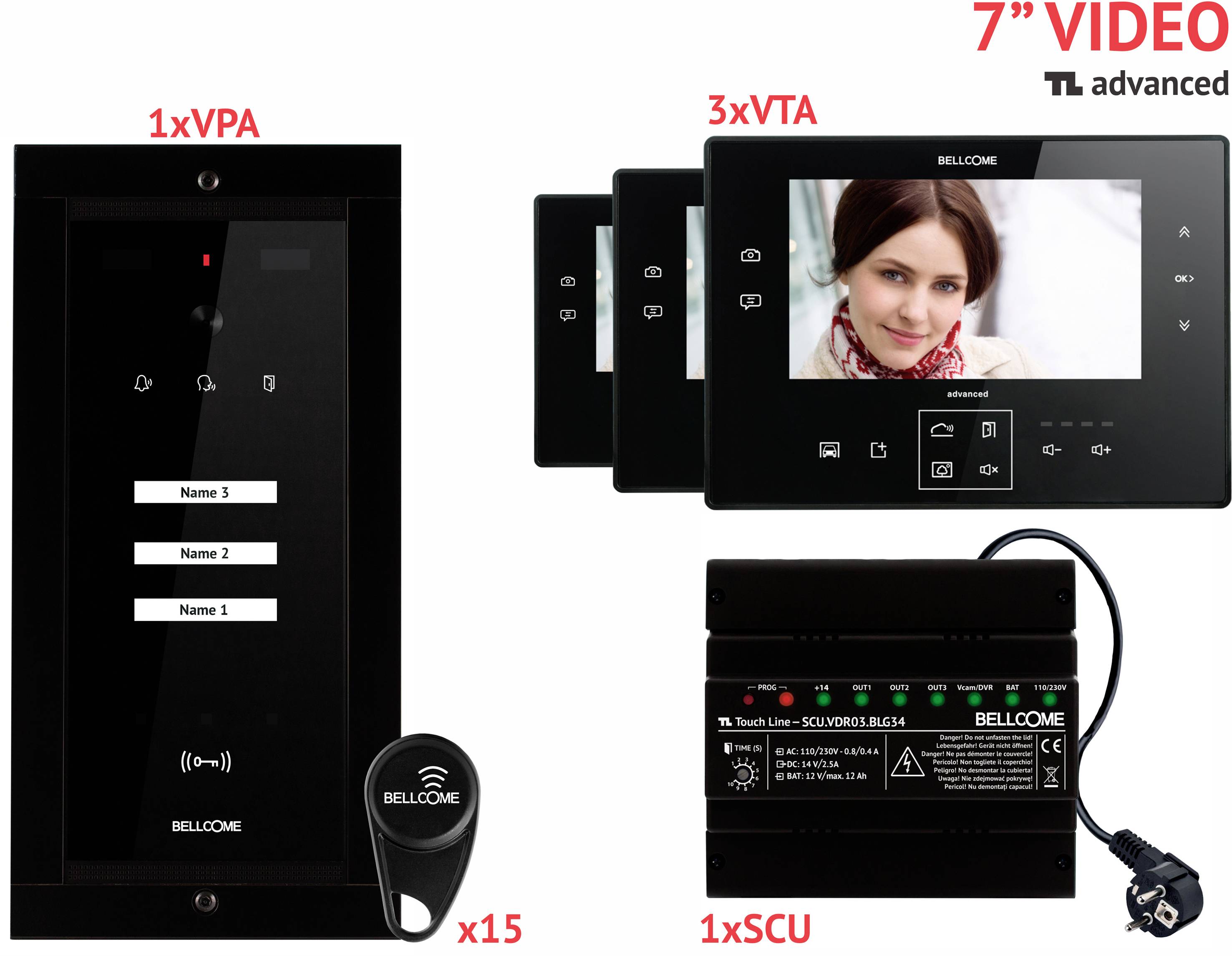 'Bellcome' Video-Türsprechanlagen-Set mit einer Außensprechstelle, drei Innenmonitoren mit Bildanzeige, einer Steuereinheit und 15 Anhängern.