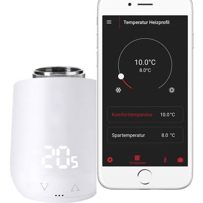 Ein digitales Thermostat zeigt '20°C'. Eine Smartphone-App daneben zeigt Temperatursteuerungsoptionen und aktuelle Werte.