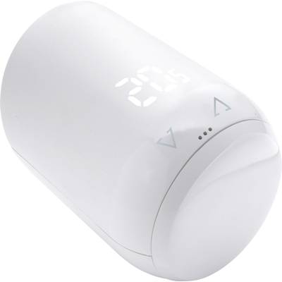 Ein weißes, zylindrisches Thermostat mit digitaler Temperaturanzeige zeigt 20,5 Grad an. Tasten mit Pfeilsymbolen zur Temperatureinstellung.