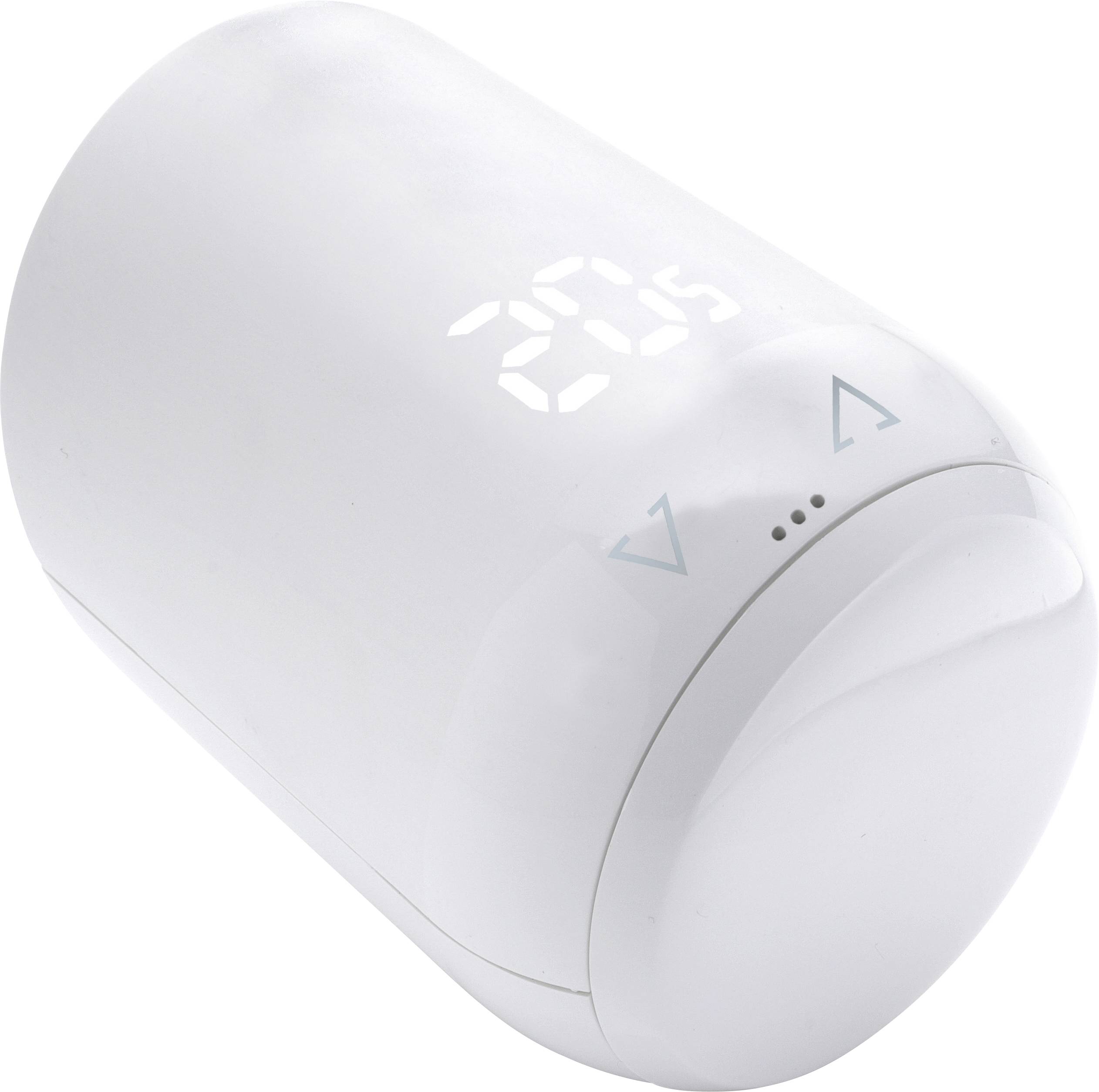 Ein weißes digitales Thermostat zeigt die Temperatur von 20°C an. Pfeilsymbole deuten auf Einstellungen hin.