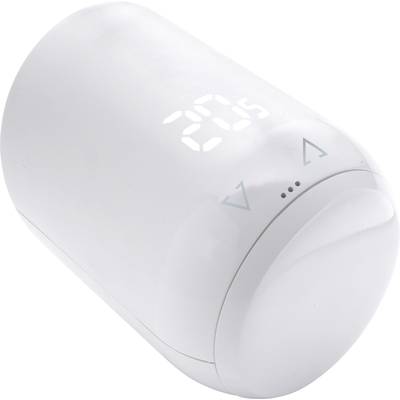 Ein weißes digitales Thermostat zeigt die Temperatur von 20°C an. Pfeilsymbole deuten auf Einstellungen hin.
