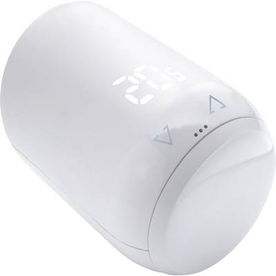 Ein weißer, zylindrischer Smart-Thermostat zeigt die Temperatur '20°C' auf einem Display an. Tasten zur Temperaturregelung sind sichtbar.