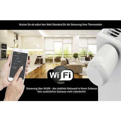 Ein Smartphone zeigt eine Thermostat-App. Daneben ein WLAN-Thermostat. Text: 'Nutzen Sie ab sofort den Welt-Standard für die Steuerung Ihrer Thermostate'.